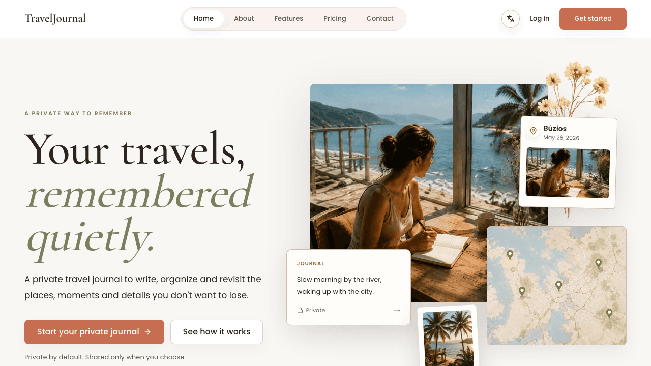 Website do TravelJournal, com diário de viagem, fotografia e mapa de memórias